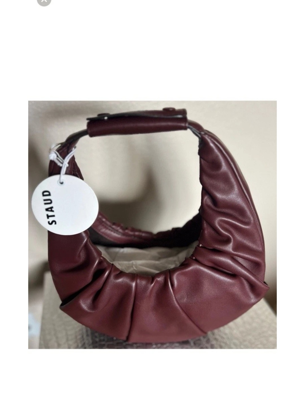 STAUD Burgundy Ruched Crescent Shoulder Bag with Dust Bag & Brand Card